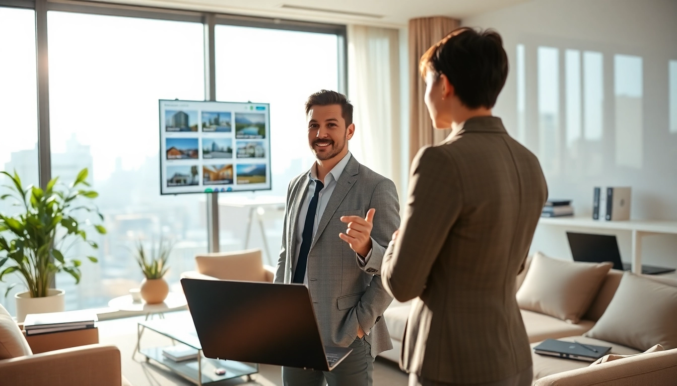 Engaged real estate agent assisting a client in a professional setting with modern decor.