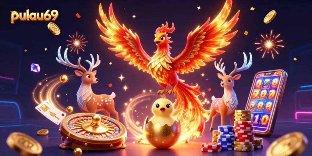 Experience the thrill of gaming with pulau69, featuring a phoenix and dazzling casino elements.