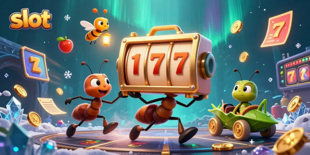 Karakter slot lucu dan simbol jackpot beraksi dalam ilustrasi 3D penuh warna dan detail.