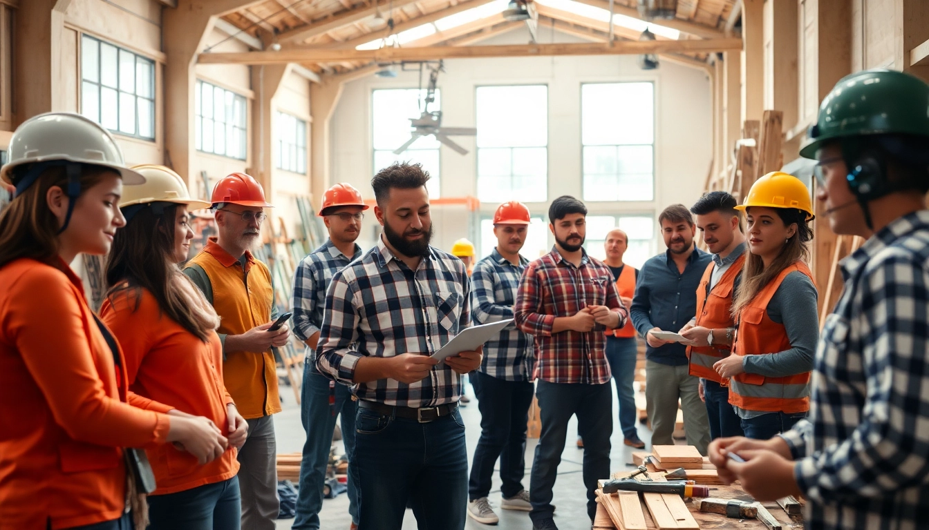 Engaging construction training session with diverse participants demonstrating hands-on skills and teamwork.