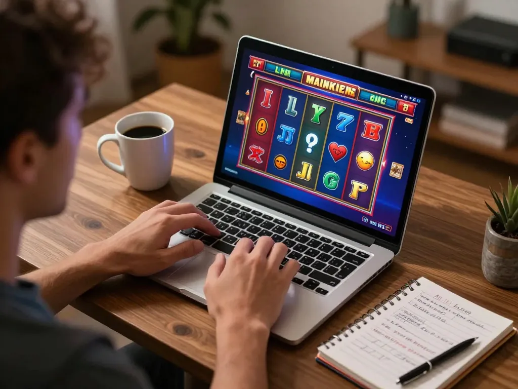 Engaging in slot gacor gampang menang gameplay on a laptop in a cozy home office.