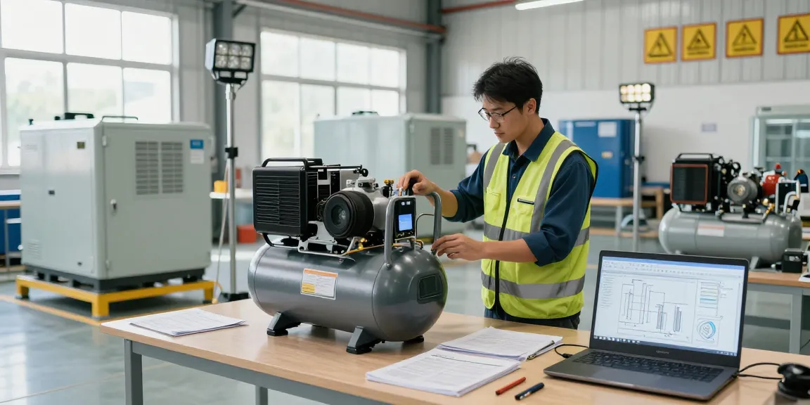 Power Generation technician inspecting portable air compressors in an innovative energy workspace.
