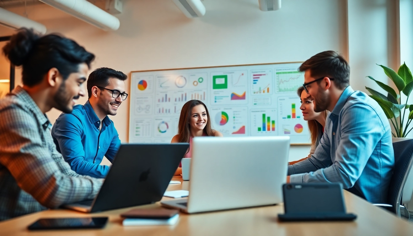 Engaged professionals at https://solarxmedia.com collaborating in a vibrant digital marketing space.