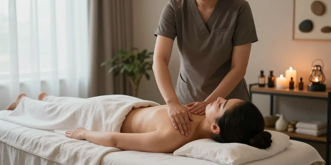 마사지 테라피 공간에서 이완된 고객에게 스웨디시 마사지를 제공하는 모습