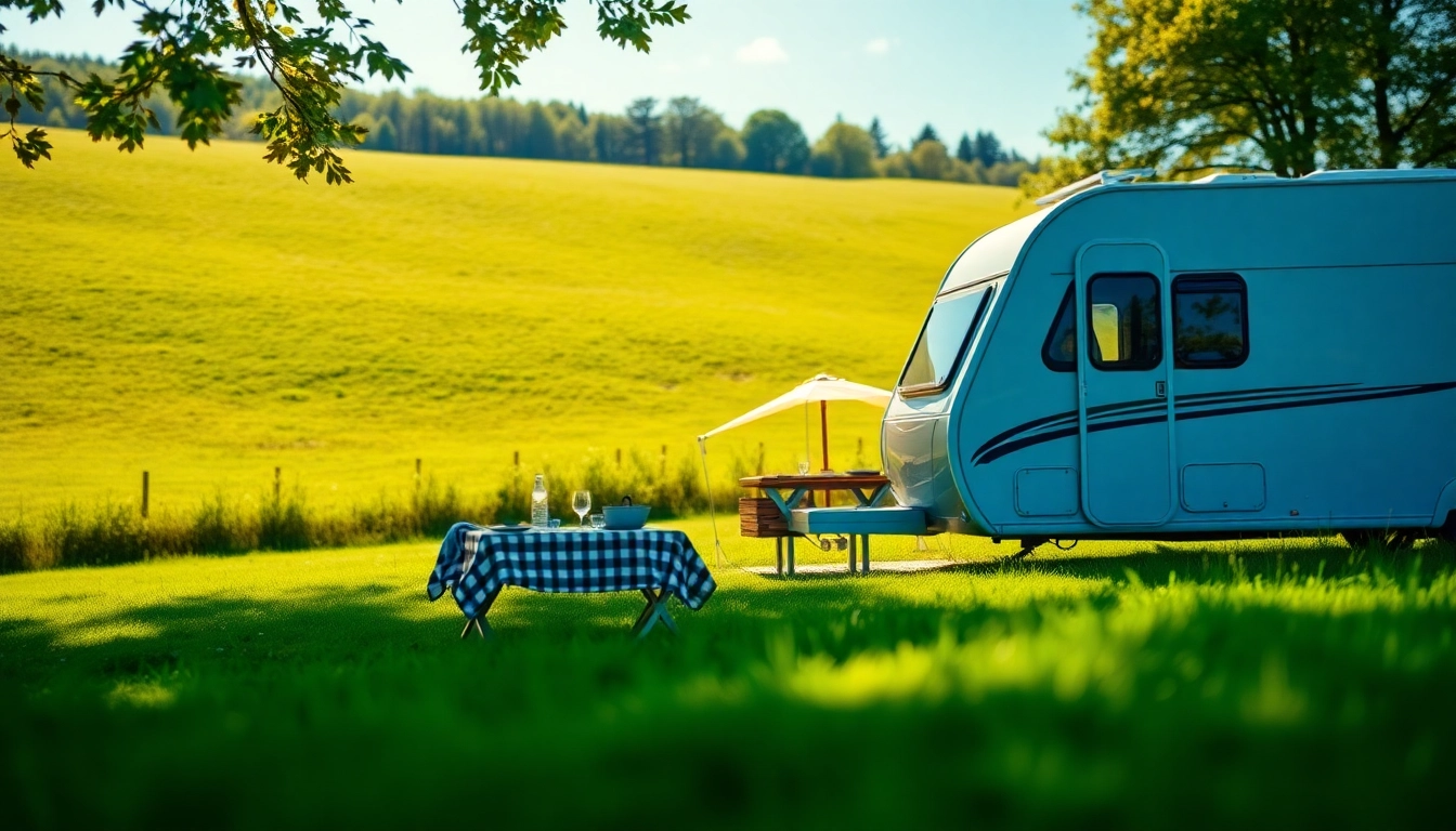 Showcase of Hugh Daly Caravans model in a scenic campsite with vibrant natural surroundings.
