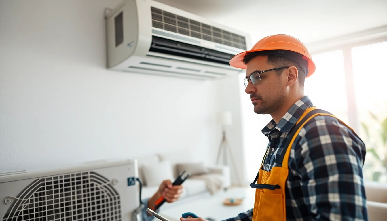 Technician maintaining a Trane air conditioning unit in a bright modern living room.