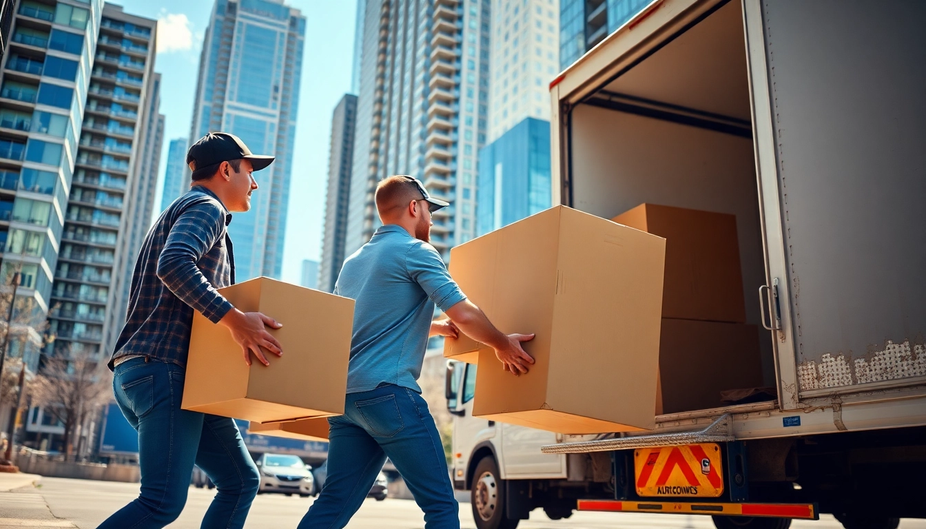 Toronto moving company professionals lifting a box in an urban setting
