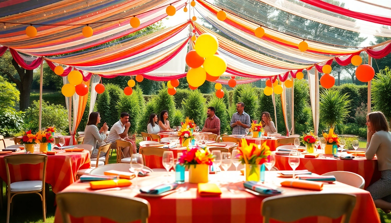 Celebrate with Party Rentals showcasing a lively outdoor party setup with colorful decorations and happy guests.