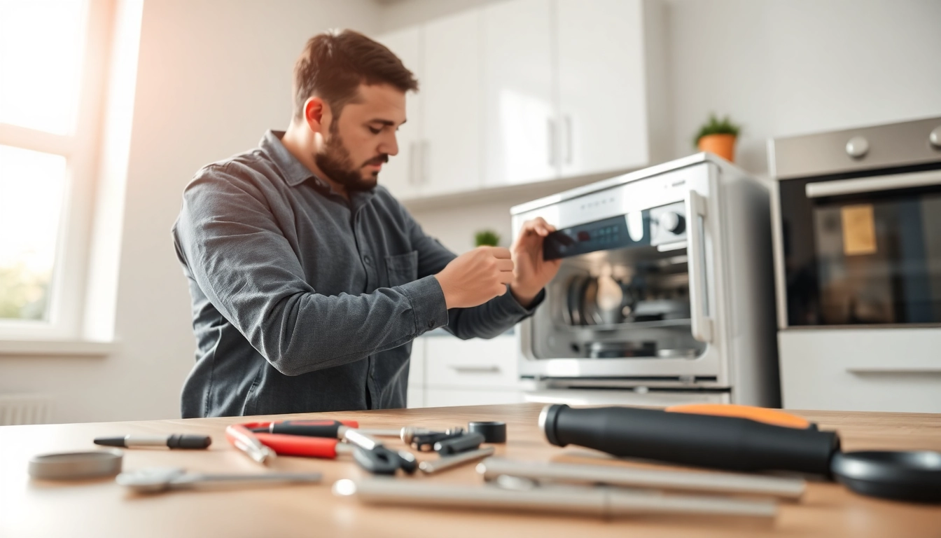 Appliance repair Ottawa technician repairing appliance in bright kitchen setting.
