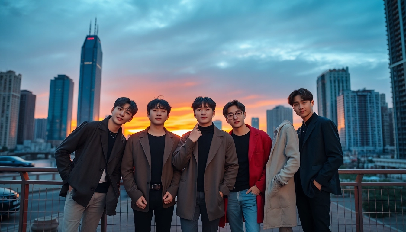 BTS members showcasing their unique personalities in a vibrant cityscape portrait.