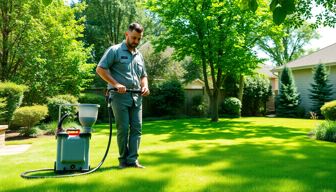 Effective emergency insect control application by a professional technician in a vibrant backyard.