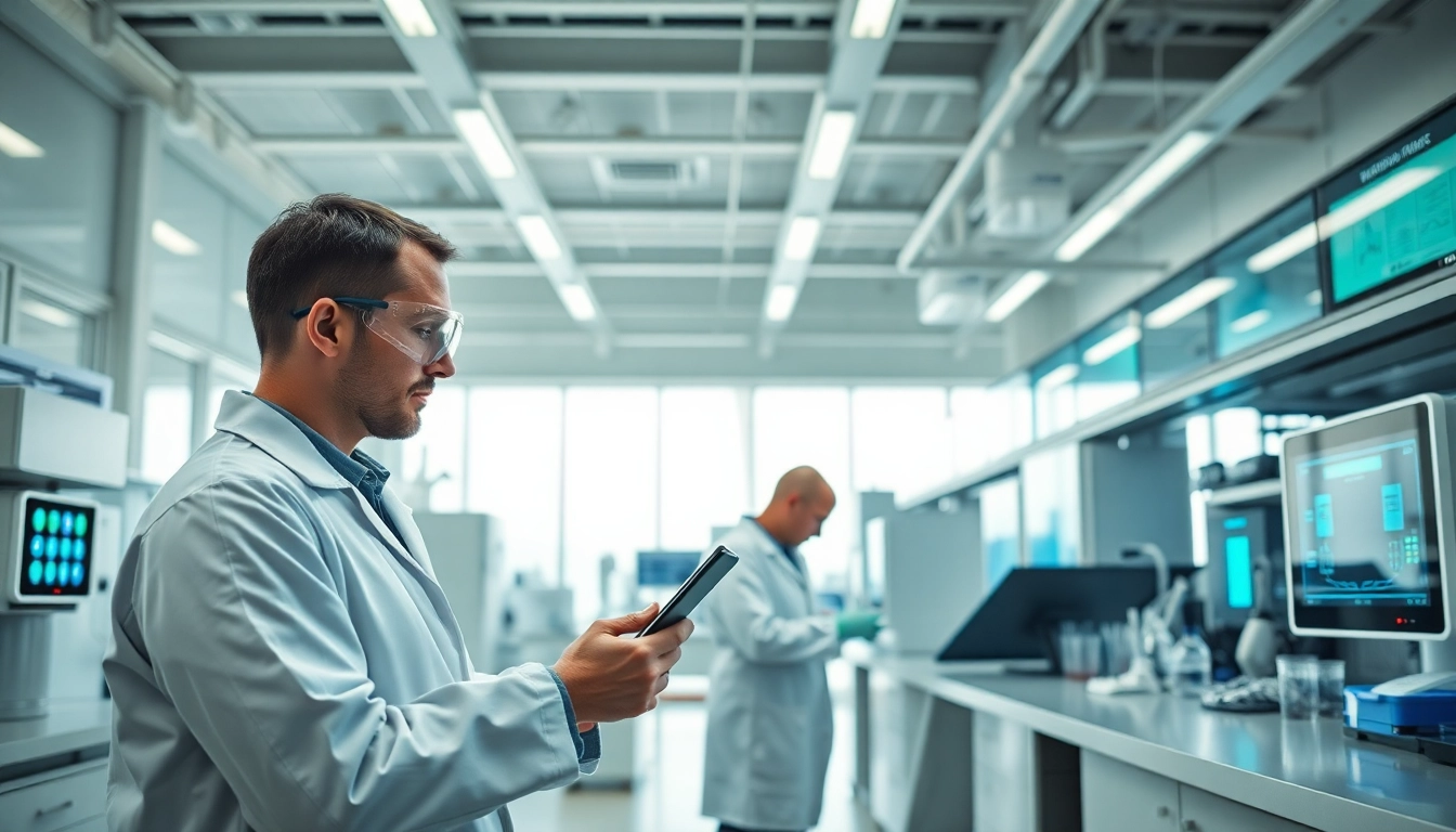 Technician showcasing fab tech Industries inc's advanced technology in a modern lab environment.