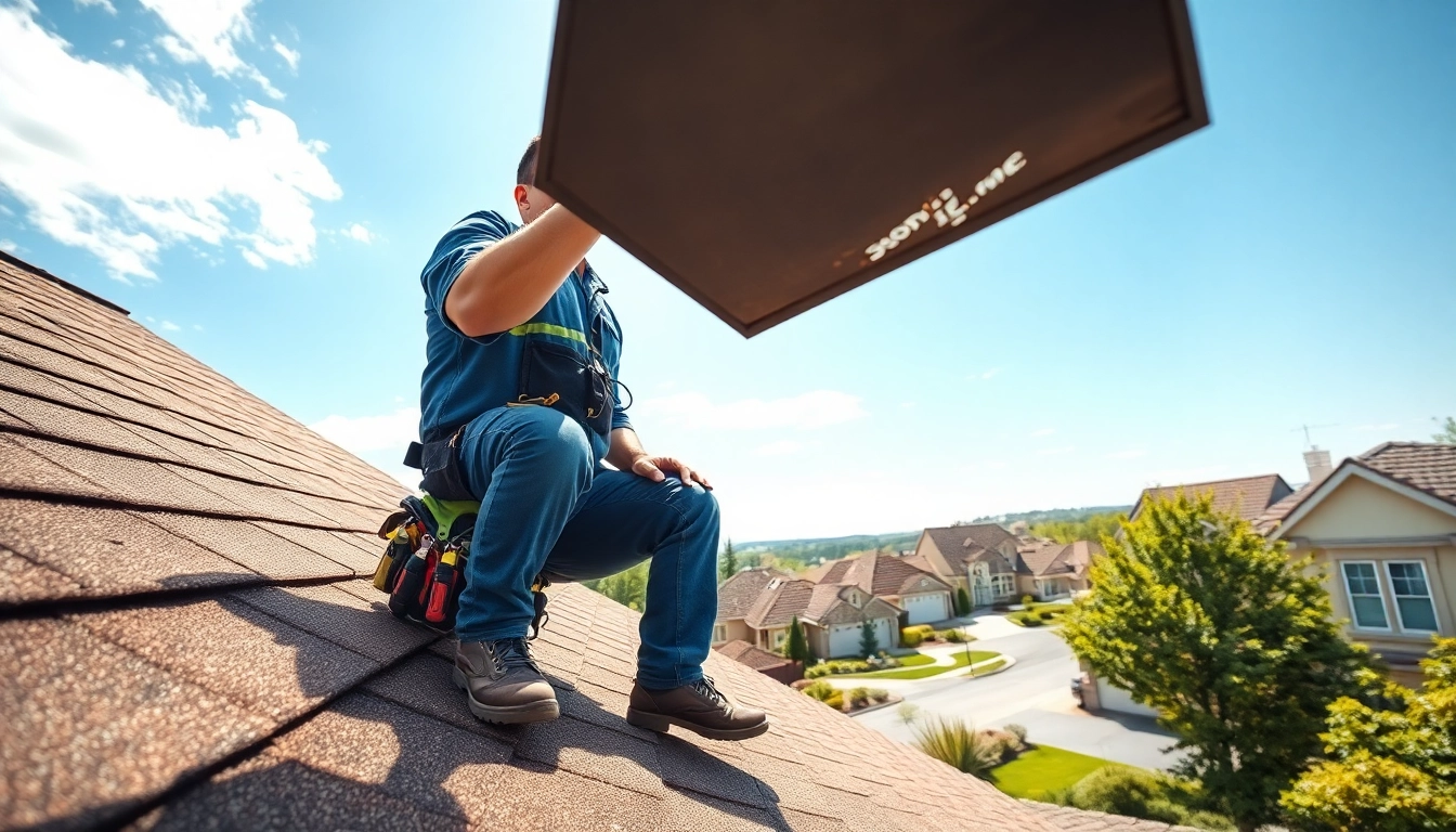 Roofer inspecting for Roof repair issues on a sunny day in a suburban neighborhood.