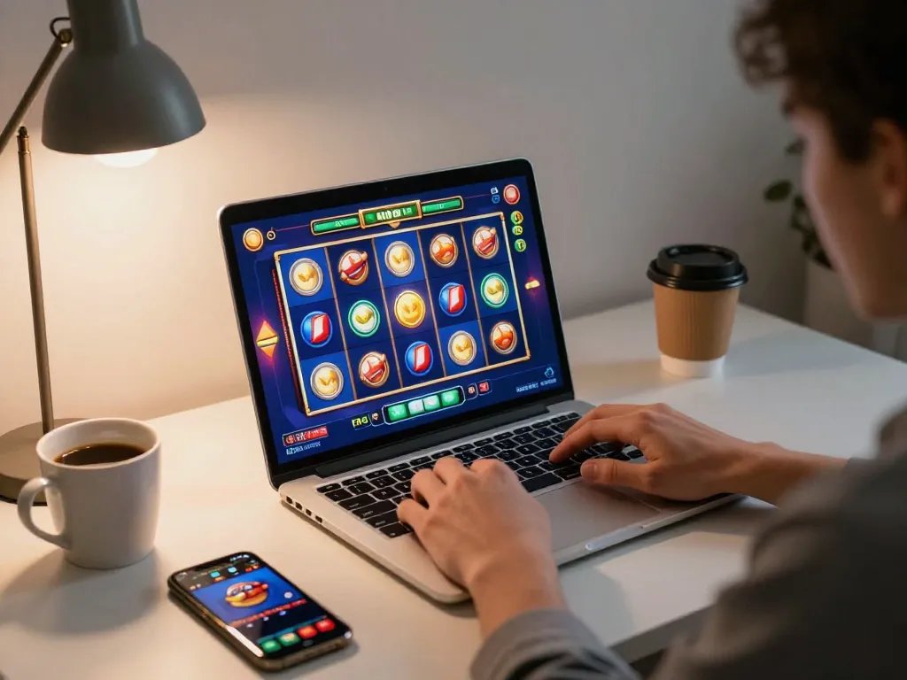 Engaging in online สล็อต gameplay with colorful slots and cozy home environment