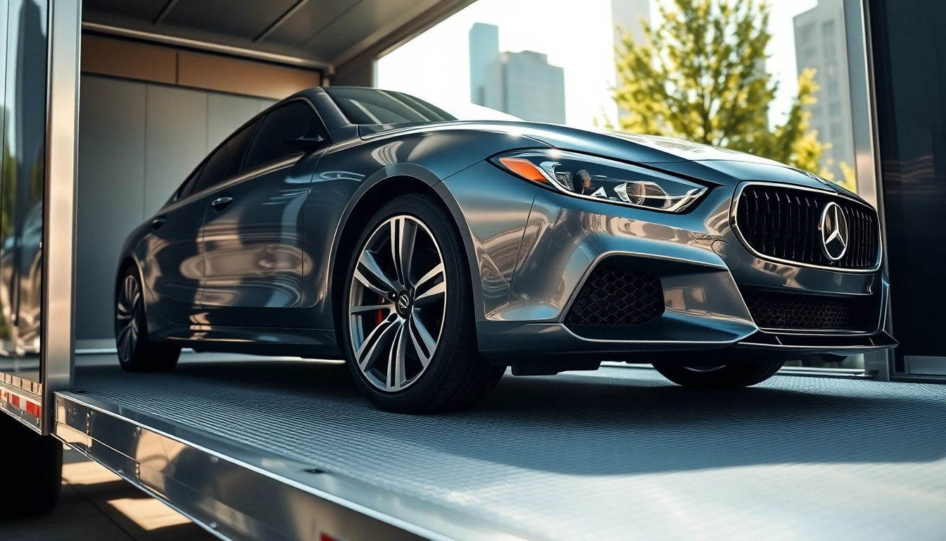 Securely transport your luxury vehicle with https://luxuryautocarriers.com in an upscale car transport scene.