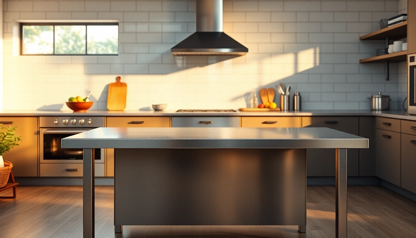 Showcase a sleek stainless steel table surrounded by kitchen tools in a bright, modern kitchen.