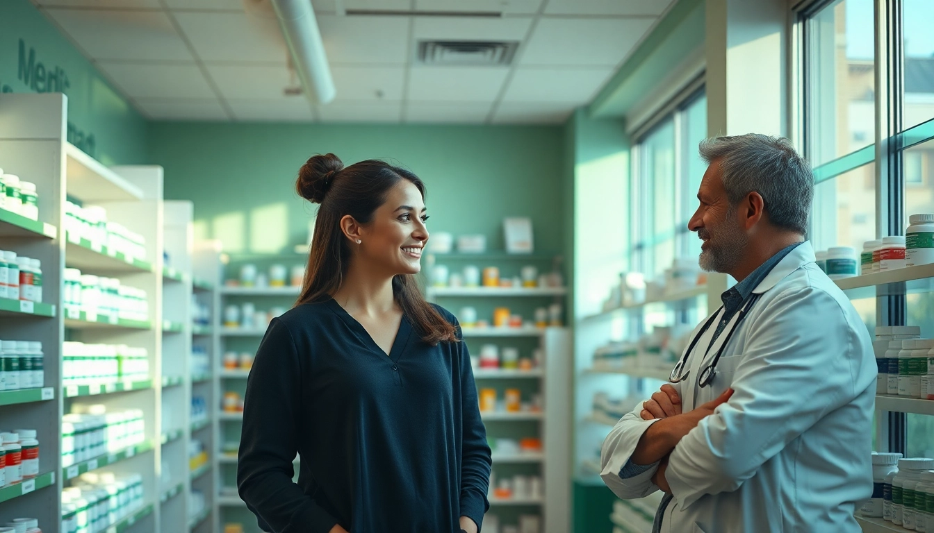 Engaging consultation at MediClick Pharmacy with a welcoming pharmacist and tidy shelves.