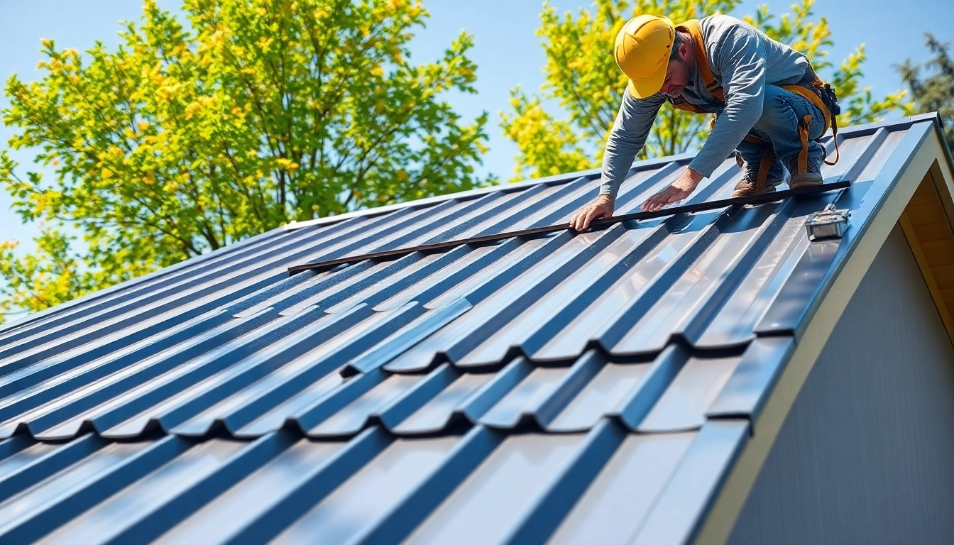 Install metal roofing panels on a home, highlighting durability and aesthetic appeal in bright sunlight.