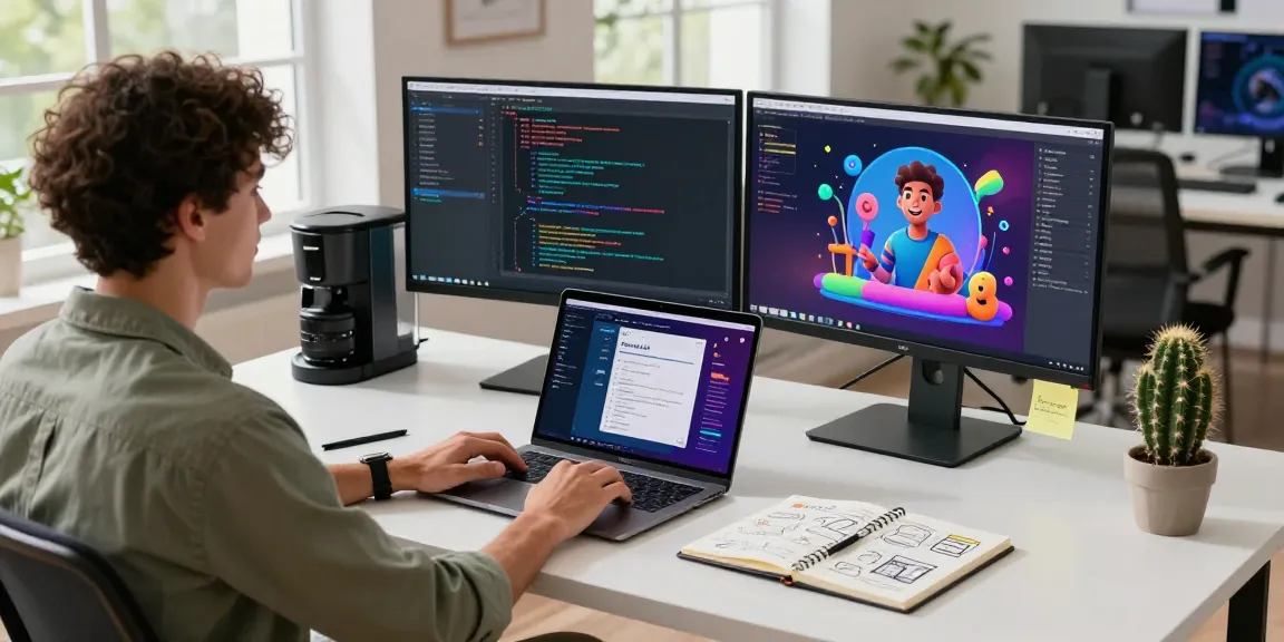 Dynamic workspace showcasing crush ai development with tech monitors and vibrant coding elements.