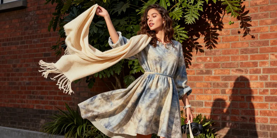 Model showcasing handmade clothing in a vibrant urban setting, emphasizing sustainable fashion with natural fibers.