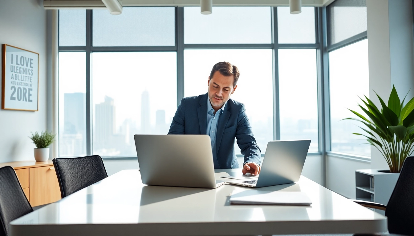 Career consultant advising a client in a modern office, highlighting professional guidance.