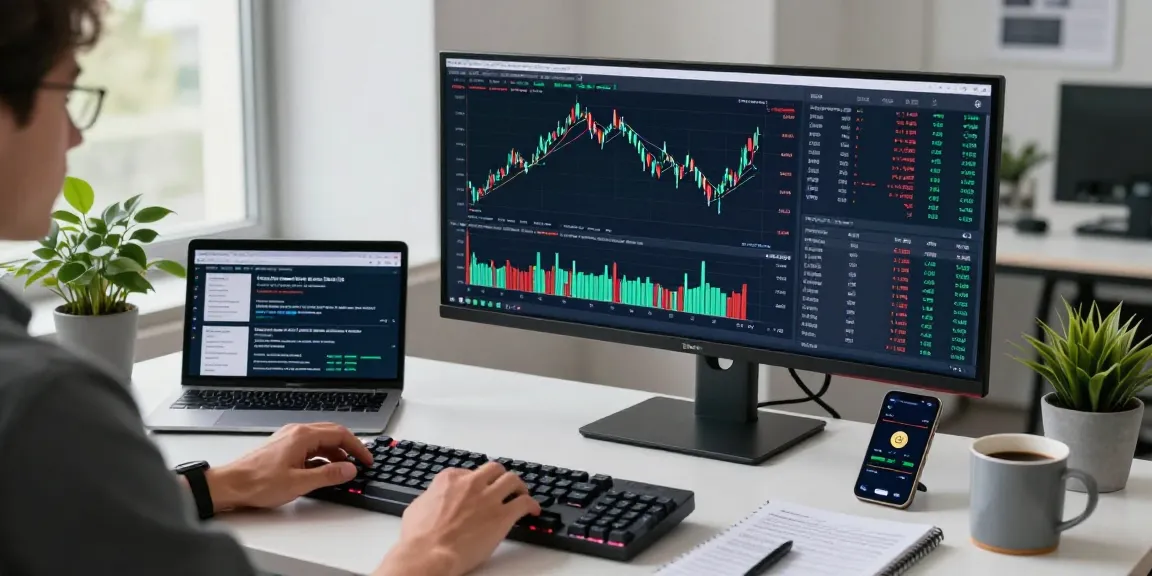 Modern workspace of a cloud mining provider featuring cryptocurrency trading dashboards and security tools in an innovative setting.