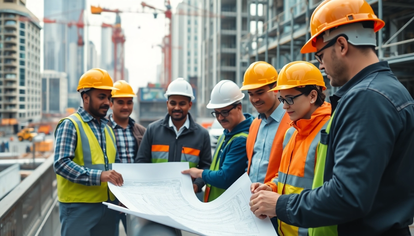 Engaged professionals in construction workforce development collaborating on project plans.