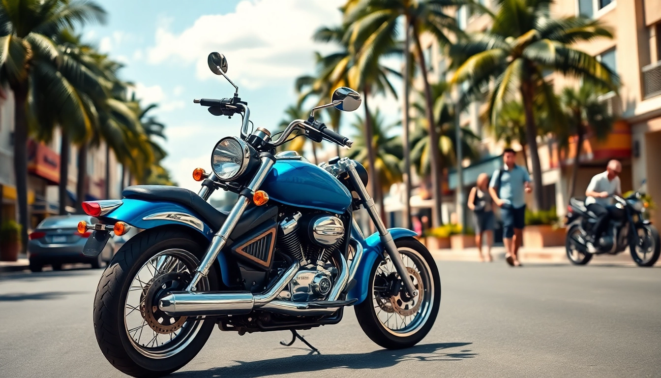 Showcasing budget DOT approved motorcycles for sale, a vibrant city scene with a sleek bike.