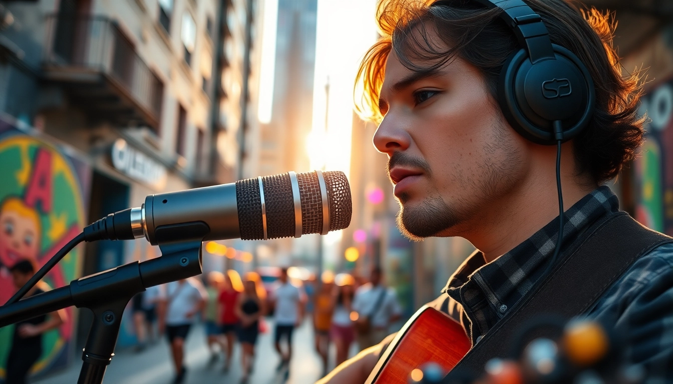 Capture sound with MV88 microphone in a vibrant urban setting, showcasing creativity and technology.