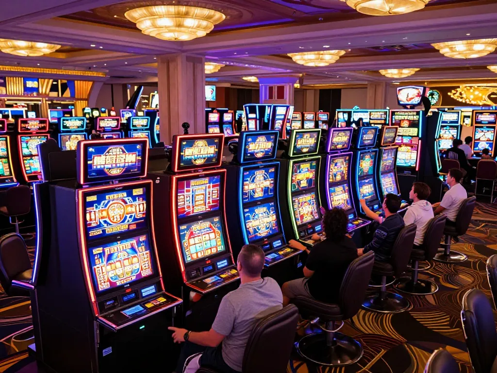 Players hitting jackpots on vibrant 777X-themed slot machines in a Las Vegas casino.