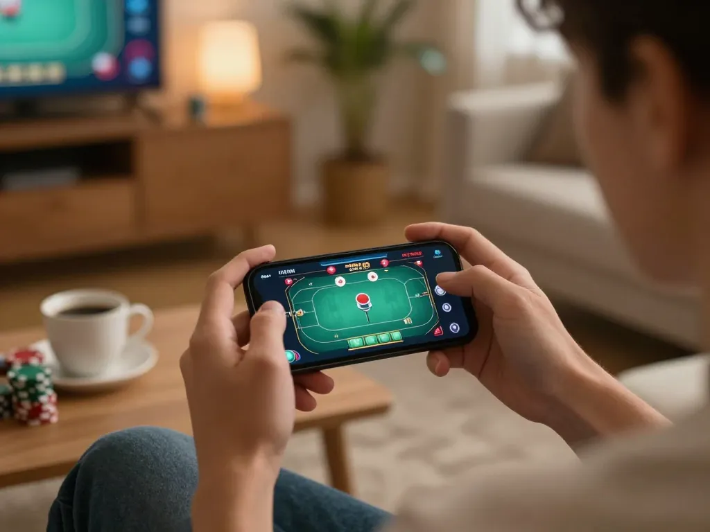 Engaging in sunwin online poker on a smartphone in a cozy home environment, showcasing responsible gaming.