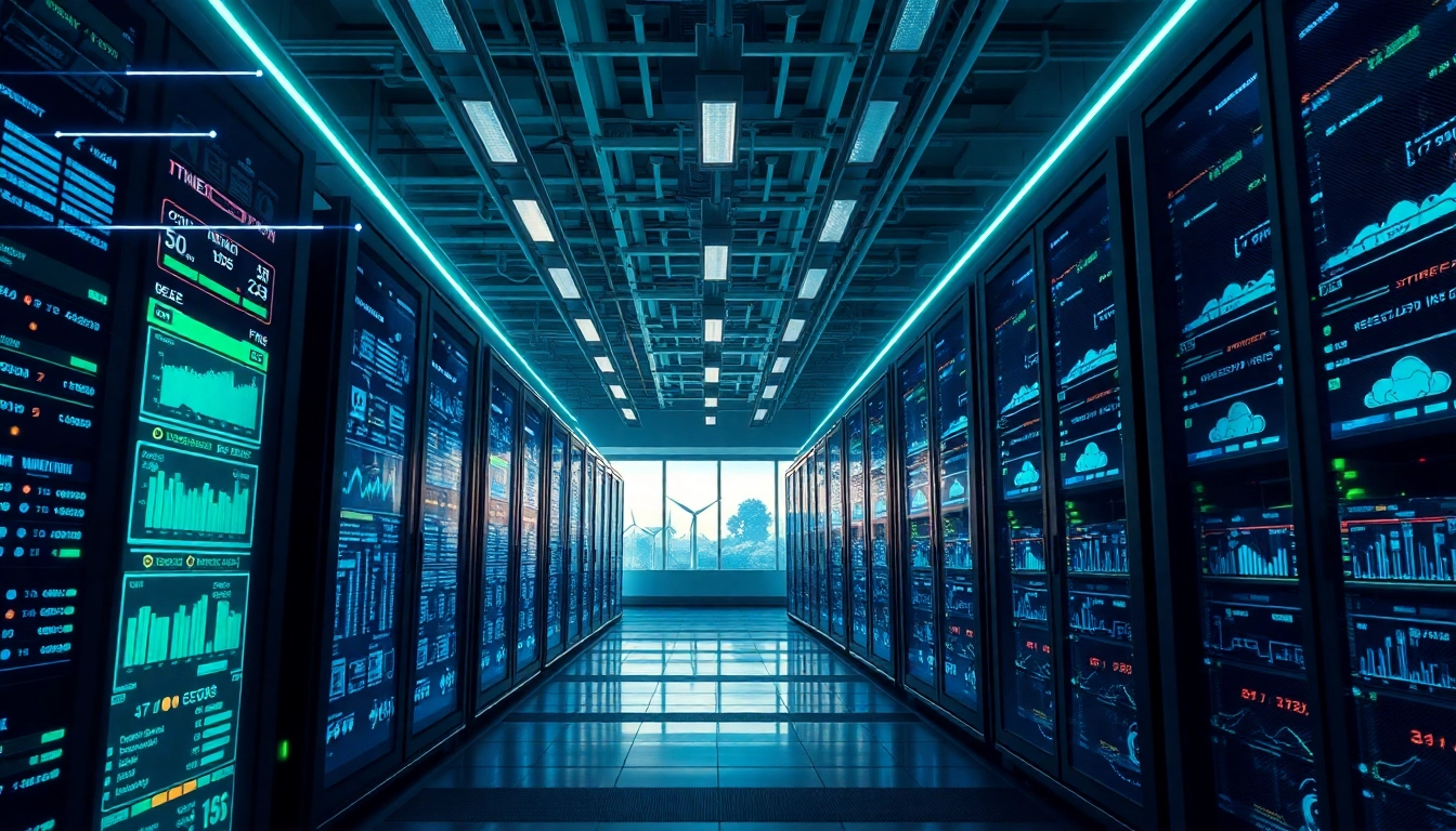 Cloud crypto mining operation in a modern data center with renewable energy sources.