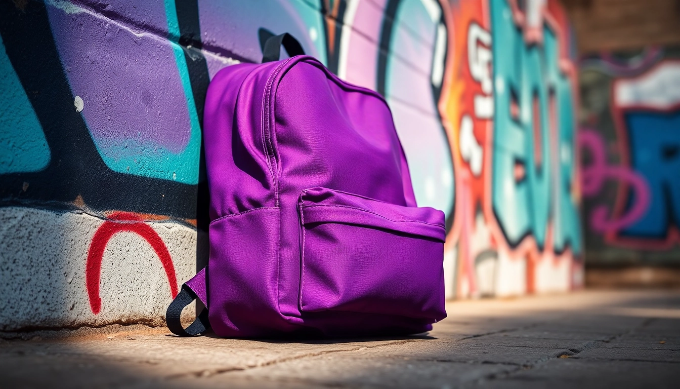 Admiring mochila vans morada highlighting its unique features and vibrant color en un ambiente urbano.