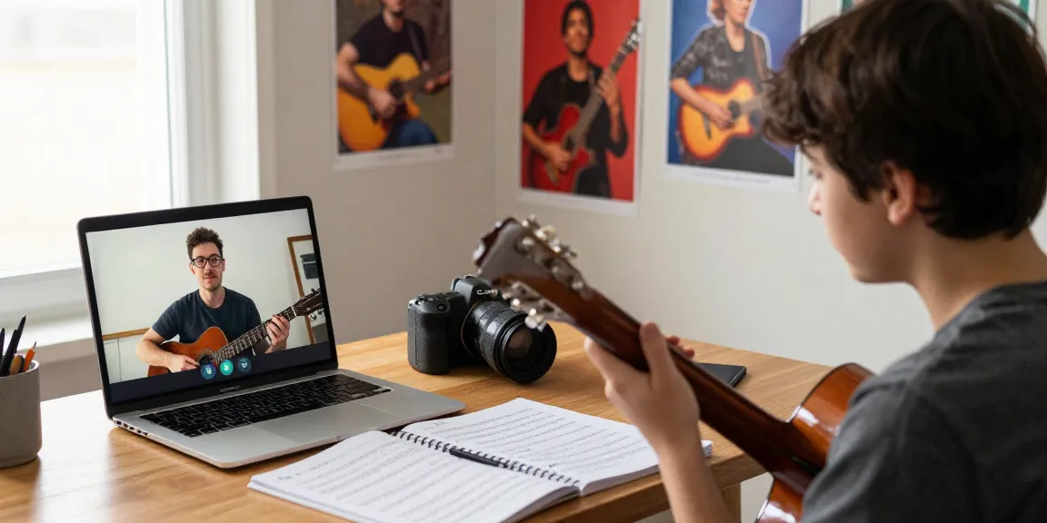 Engaging Zoom guitar lessons with a dedicated student learning from a professional instructor online.