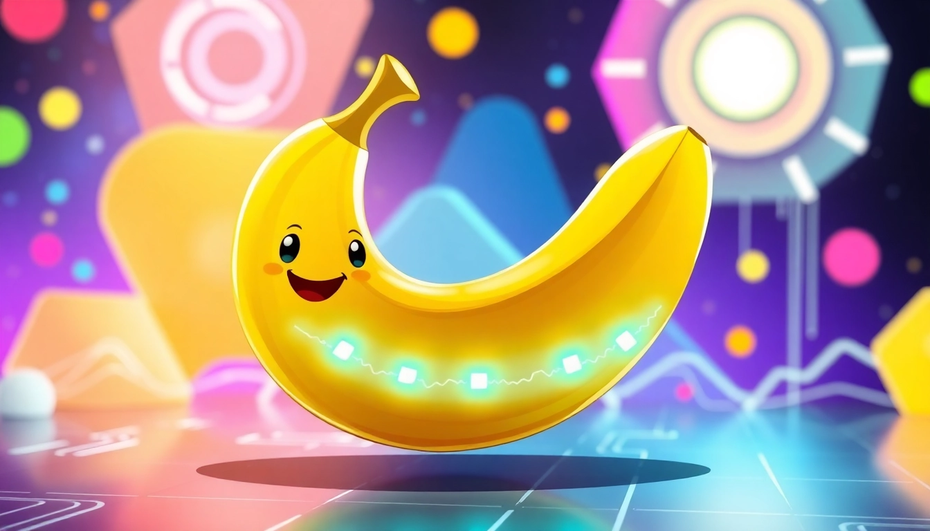 Dynamic illustration of a nano banana showcasing playful technology elements and vibrant colors.