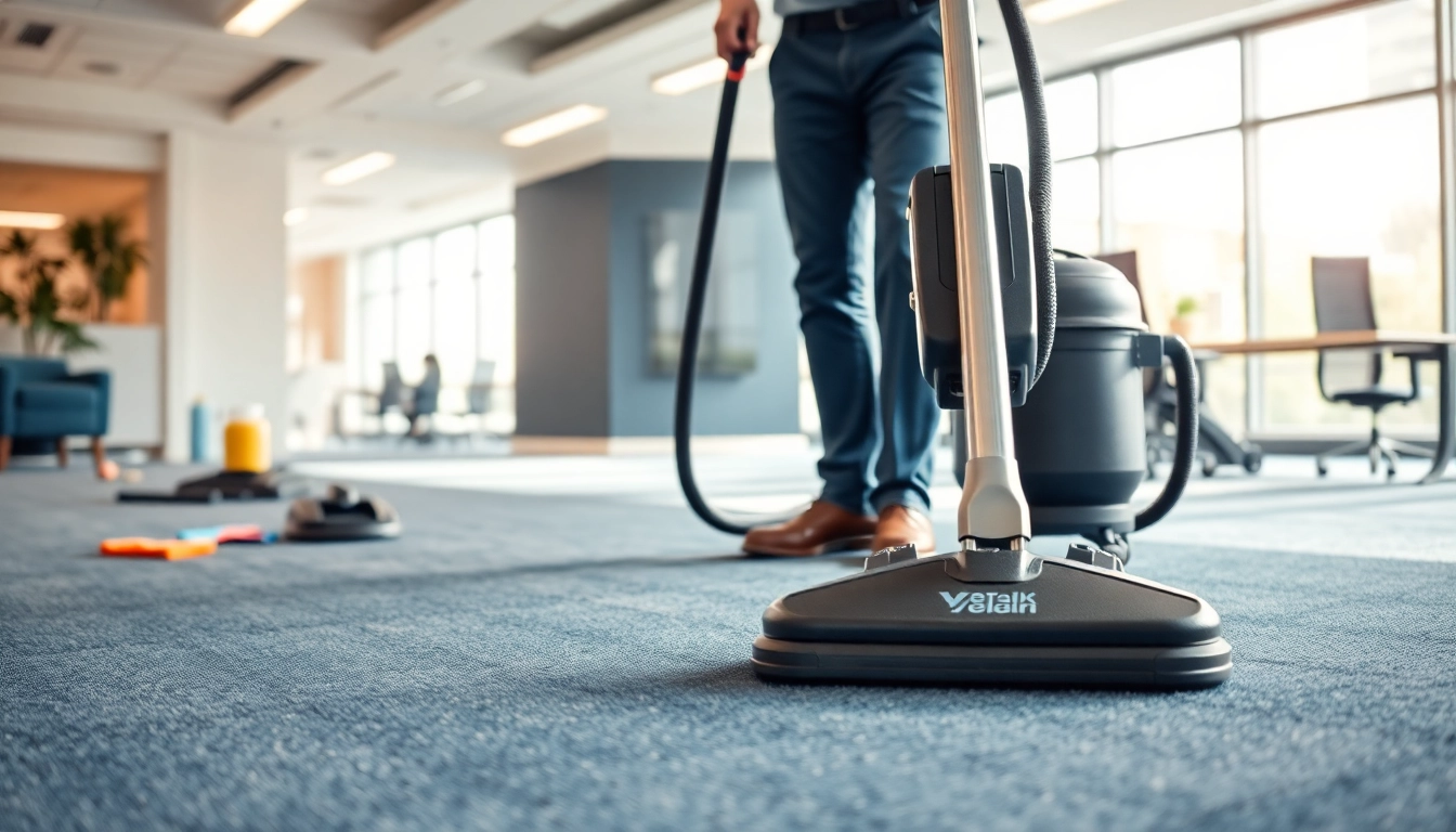 Commercial carpet cleaning technician deep cleaning an office carpet showcasing professionalism and efficiency.