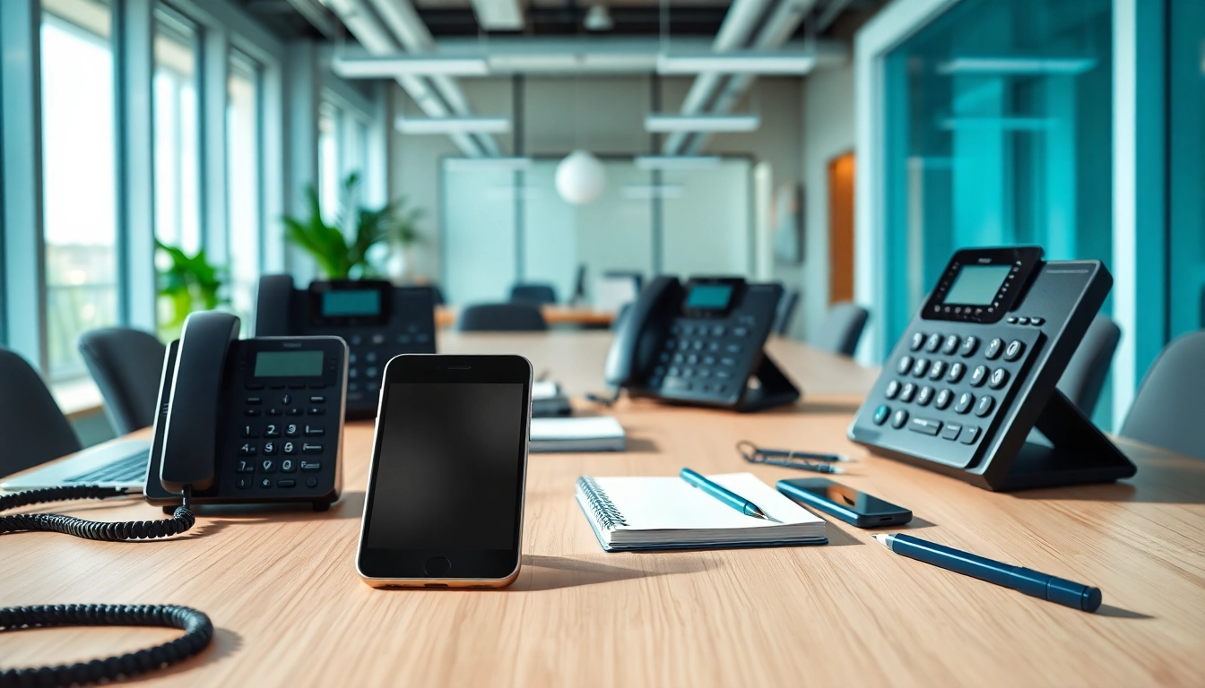 Engaging business phone setup with modern devices in a bright office workspace.