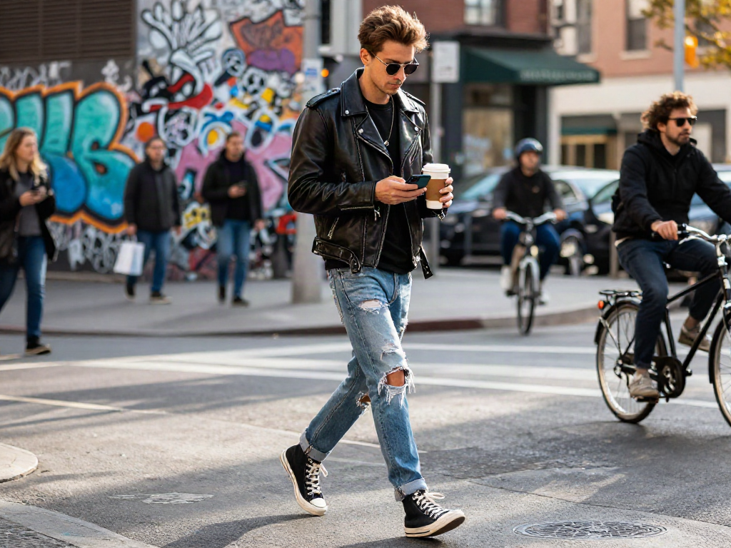 Stylish individual in a leather jacket walking through a vibrant urban street.
