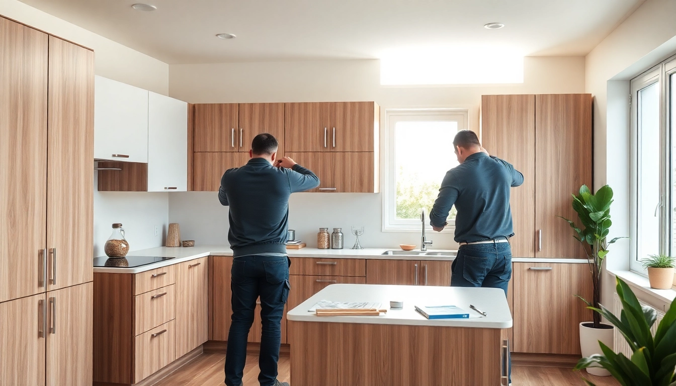Skilled kitchen fitters assembling cabinets in a bright modern kitchen setting.