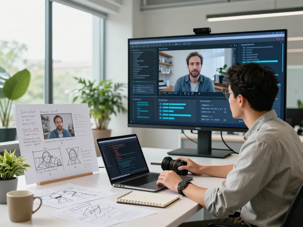 AI researcher analyzing video to prompt technology in a modern workspace