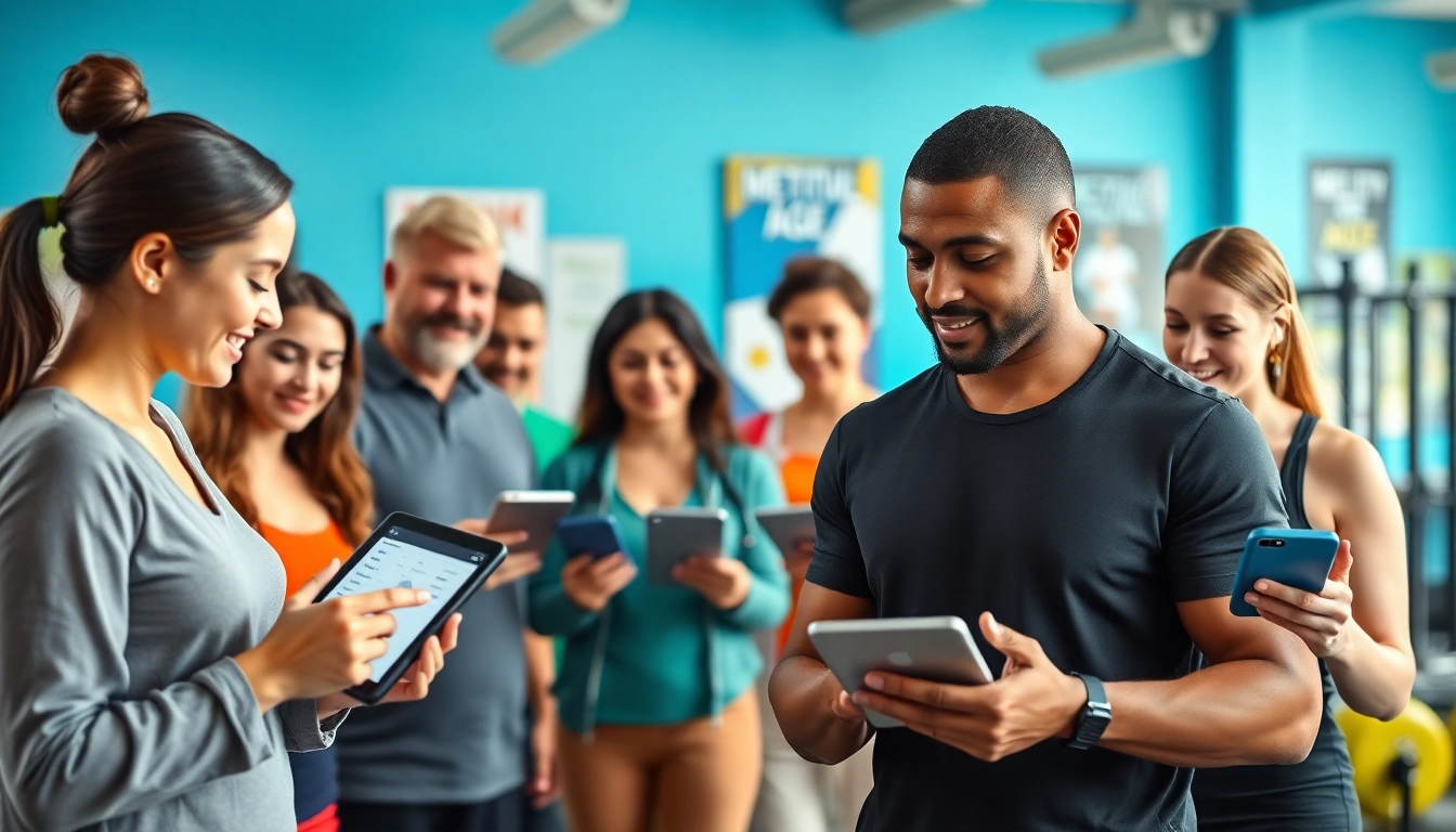 Calculate your metabolic age calculator results with diverse individuals engaging with technology.