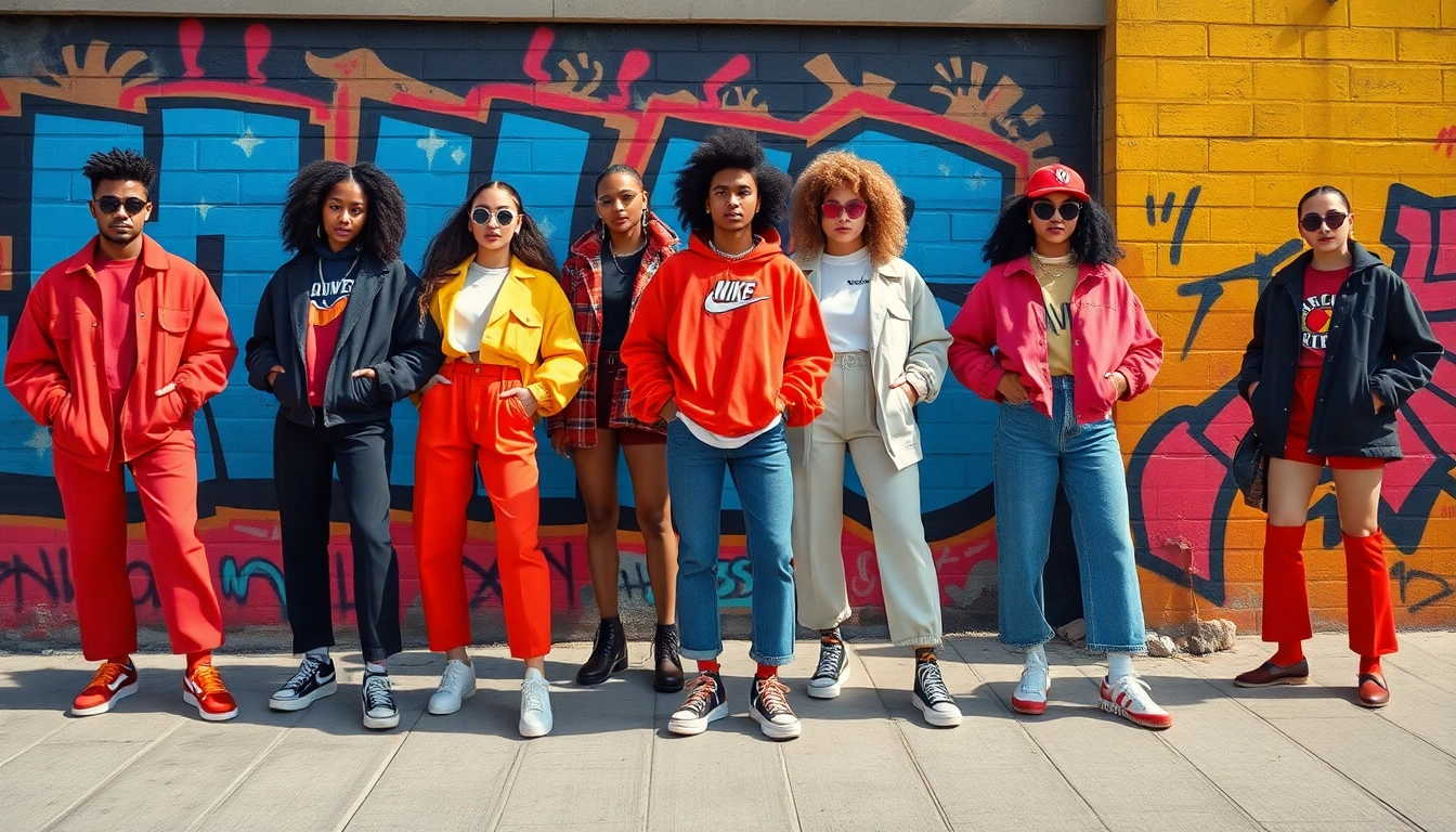Bold streetwear looks showcased by diverse models in an urban setting with vibrant colors and dynamic poses.