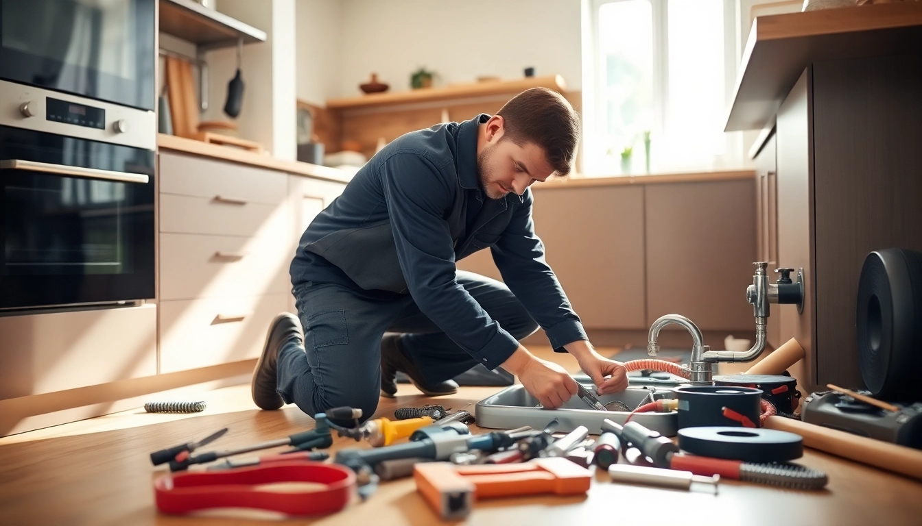 Plumbers Bristol expertly fixing a kitchen sink with tools in action.