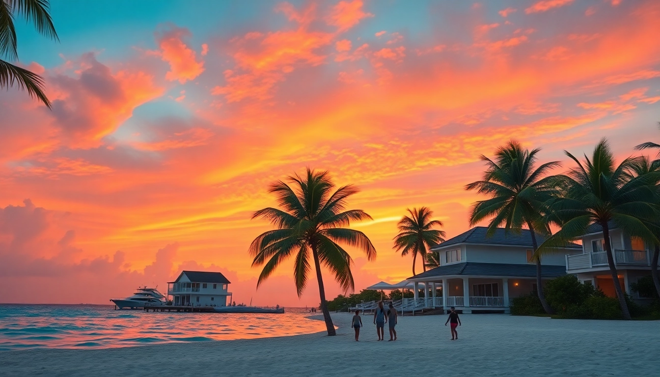 Belize Investment Property featuring stunning beachfront homes under a vibrant sunset on Ambergris Caye.