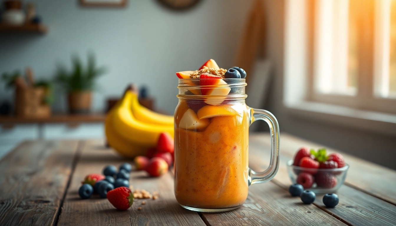 Enjoy a delicious breakfast smoothie in a stylish mason jar at https://masonjarbreakfast.com, showcasing fresh fruits and granola.