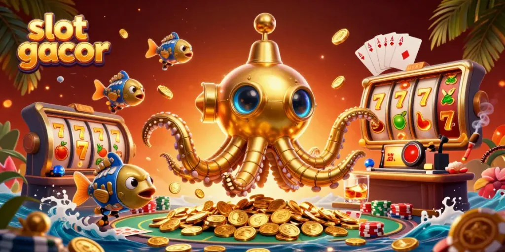 Experience the excitement of slot gacor with a dynamic 3D illustrated scene featuring gold coins and vibrant game elements.