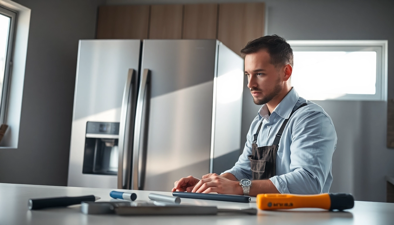 Technician performing refrigerator repair with tools in a bright kitchen.