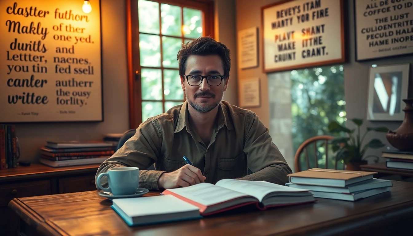 Inspiring author writing a Motivational Memoir at a vintage desk, emphasizing creativity and warmth.