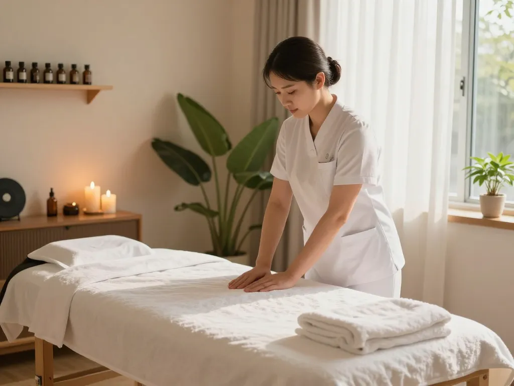 A tranquil spa scene preparing for a 삼산동마사지, showcasing a serene treatment room with soft lighting and essential oils.