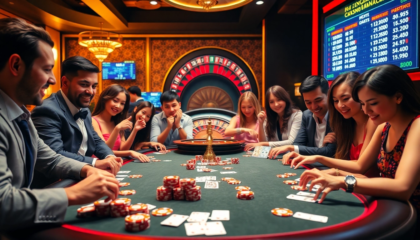 Players enjoying the excitement of CM88 poker at a vibrant casino table.